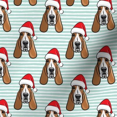 Christmas Basset hounds - holiday mint stripes - Santa hat bloodhounds -LAD19