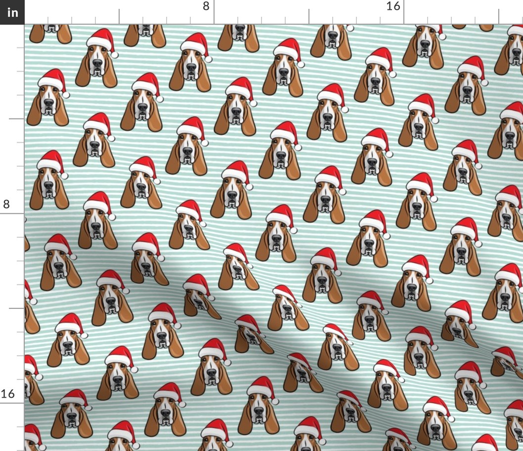 Christmas Basset hounds - holiday mint stripes - Santa hat bloodhounds -LAD19