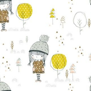 Sweet girl in Scandinavian style design in a winter landscape