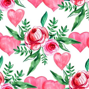 Watercolor flowers and hearts