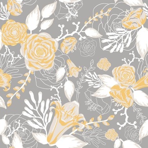 Floral Joy Vintage Garden - Yellow Gray Large Scale