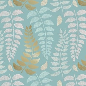 botanical pastels and gold on seafoam