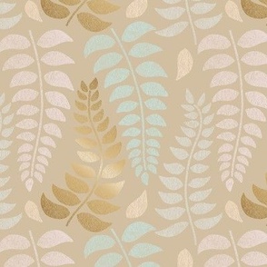 botanical pastels and gold on tan