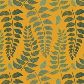 leaf fronds in teals on mustard