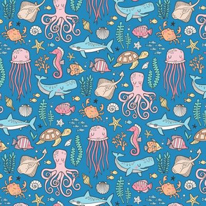 Ocean Marine Sea Life Doodle with Shark, Whale, Octopus, Yellyfish, Seaturtle on Dark Blue Navy Smaller