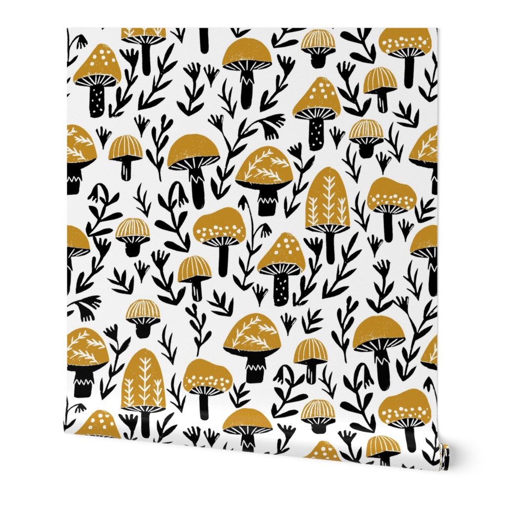 linocut mushrooms fabric // woodland fabric, nature fabric, folk fabric, andrea lauren fabric, block printed fabric, stamp fabric - ochre