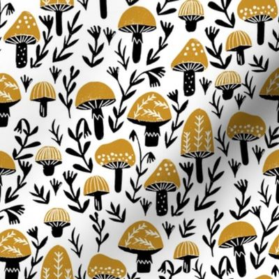 linocut mushrooms fabric // woodland fabric, nature fabric, folk fabric, andrea lauren fabric, block printed fabric, stamp fabric - ochre