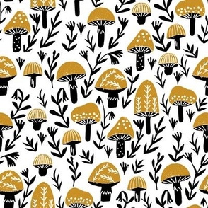 linocut mushrooms fabric // woodland fabric, nature fabric, folk fabric, andrea lauren fabric, block printed fabric, stamp fabric - ochre