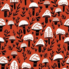 linocut mushrooms fabric // woodland fabric, nature fabric, folk fabric, andrea lauren fabric, block printed fabric, stamp fabric - red