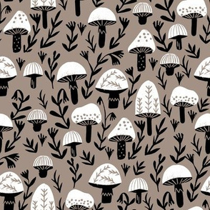 linocut mushrooms fabric // woodland fabric, nature fabric, folk fabric, andrea lauren fabric, block printed fabric, stamp fabric - taupe