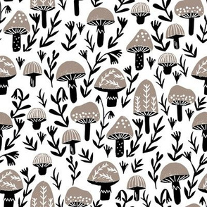 linocut mushrooms fabric // woodland fabric, nature fabric, folk fabric, andrea lauren fabric, block printed fabric, stamp fabric - taupe