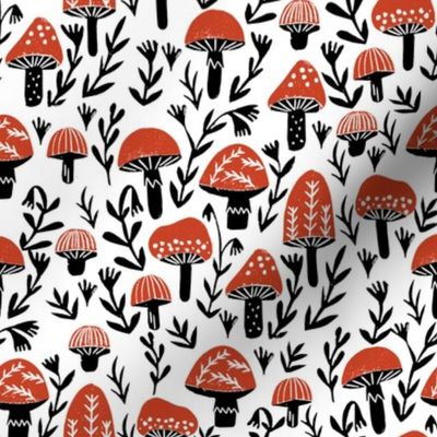 linocut mushrooms fabric // woodland fabric, nature fabric, folk fabric, andrea lauren fabric, block printed fabric, stamp fabric -  red