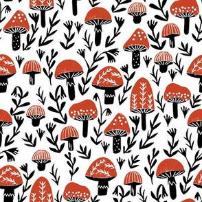 linocut mushrooms fabric // woodland fabric, nature fabric, folk fabric, andrea lauren fabric, block printed fabric, stamp fabric -  red