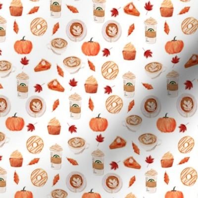 SMALL - watercolor psl - pumpkin spice latte, coffee, latte, pumpkin, fall, autumn fabric - white