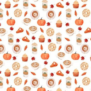 SMALL - watercolor psl - pumpkin spice latte, coffee, latte, pumpkin, fall, autumn fabric - white