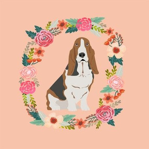 8 inch basset hound wreath florals dog fabric - peach