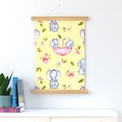 18" Cute elephants and flowers on yellow