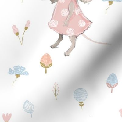 18" Cute baby mouse girl and flowers, mouse fabric, mouse nursery on flower meadow