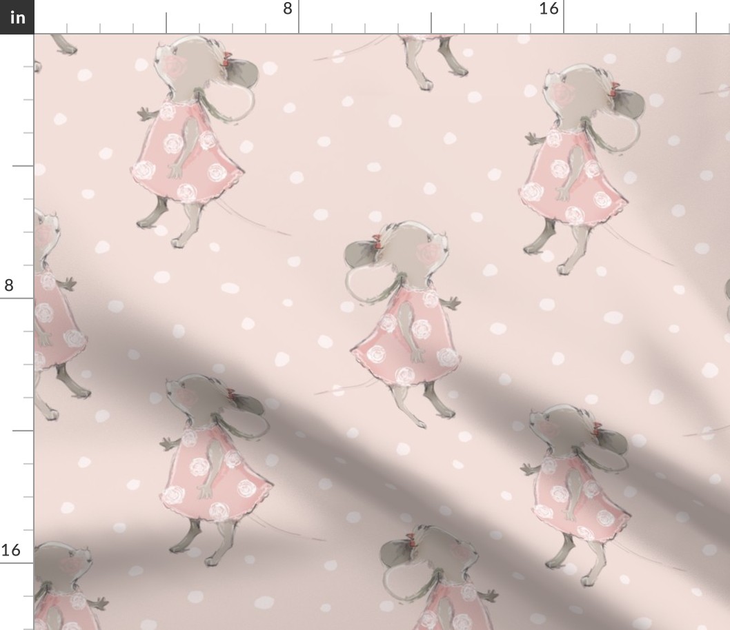 10" Cute baby mouse girl and flowers, mouse fabric, mouse nursery on blush polkadots