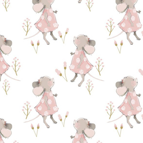 10" Cute baby mouse girl and flowers, mouse fabric, mouse nursery on flower meadow