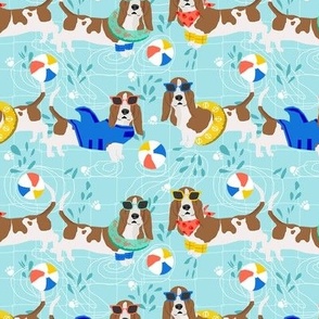 Basset Hound Pool Party fabric - summer pool party, dog, dogs, dog design, float, floaties, cute basset hound