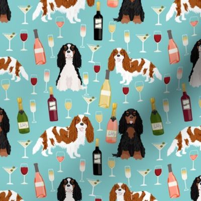 cavalier spaniel dog fabric // dog fabric, wine fabric, dogs fabric, cavalier king charles spaniel dog fabric - blue