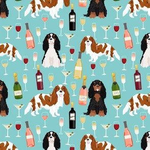 cavalier spaniel dog fabric // dog fabric, wine fabric, dogs fabric, cavalier king charles spaniel dog fabric - blue