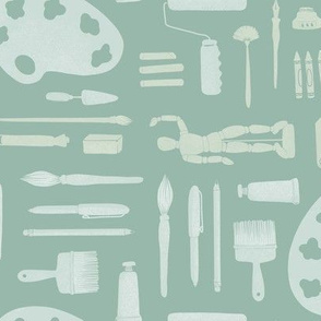 Arts & crafts tools on aqua teal