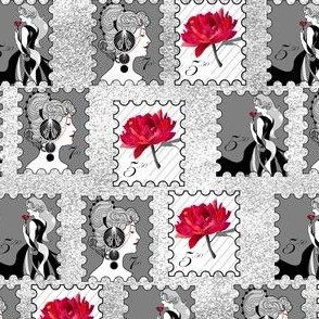 vintage stamps - red/black/white