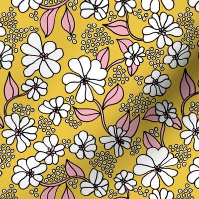 Retro flower blossom daisy love botanical garden branch ochre yellow pink