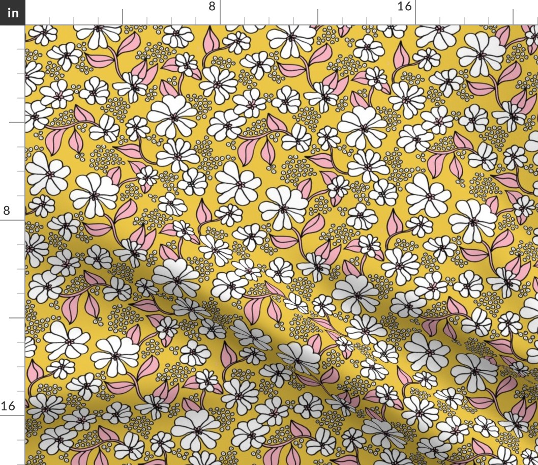 Retro flower blossom daisy love botanical garden branch ochre yellow pink