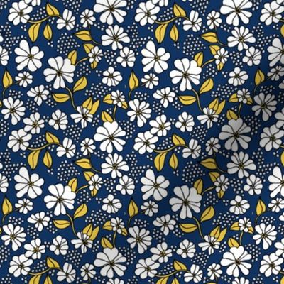 Retro flower blossom daisy love botanical garden branch navy blue ochre yellow SMALL