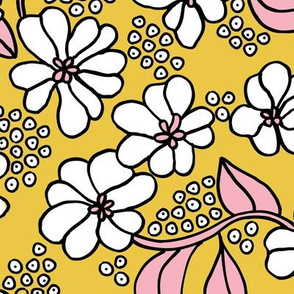 Retro flower blossom daisy love botanical garden branch ochre yellow pink JUMBO