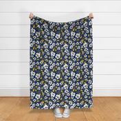 Retro flower blossom daisy love botanical garden branch navy blue ochre yellow JUMBO