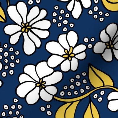 Retro flower blossom daisy love botanical garden branch navy blue ochre yellow JUMBO