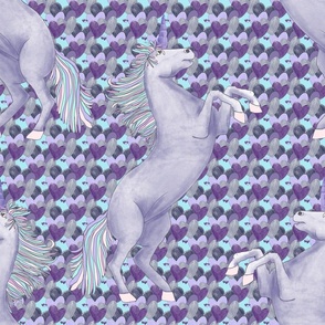 unicorns on purple hearts aqua