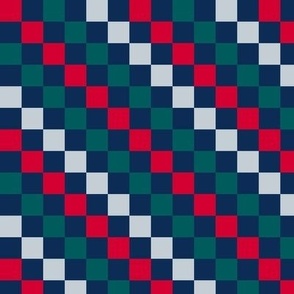 Diamond Squares Cheater Quilt Green Red Silver and Navy Blue