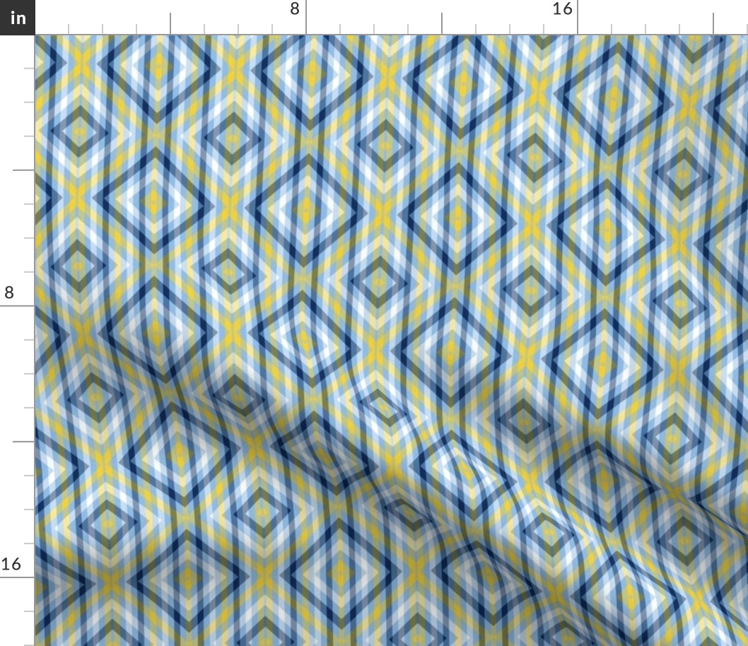 Diagonal Diamond Plaid in Blue White Navy and Yellow