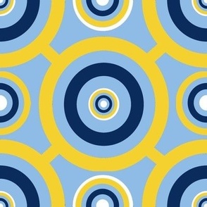 Linked Bullseye Circles in Light Blue Yellow White and Navy Blue