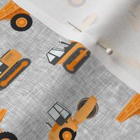 construction trucks - orange on grey linen texture - LAD19