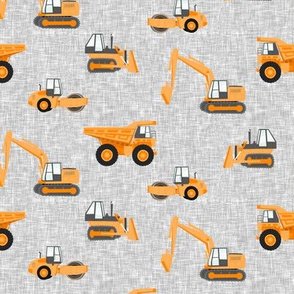 construction trucks - orange on grey linen texture - LAD19