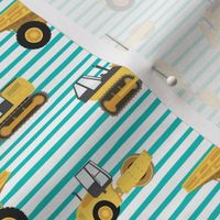 construction trucks - yellow on teal stripes - LAD19