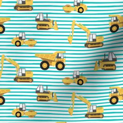 construction trucks - yellow on teal stripes - LAD19