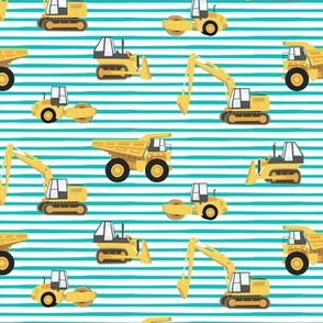 construction trucks - yellow on teal stripes - LAD19