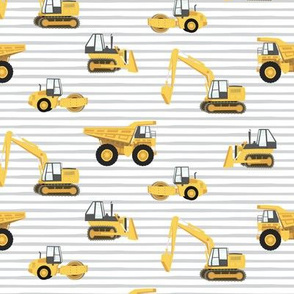 construction trucks - yellow on grey stripes - LAD19
