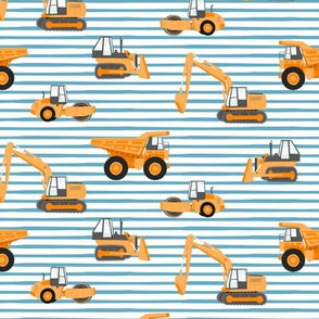 construction trucks - orange on blue stripes - LAD19