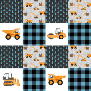 Construction Nursery Wholecloth - construction trucks - blue & orange plaid   - LAD19