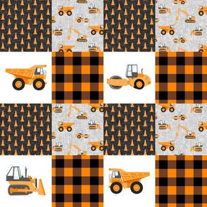 Construction Nursery Wholecloth - construction trucks - orange plaid   - LAD19