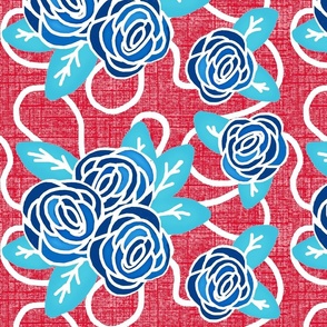 Pop of Cottage Meander / (large)  / Blue Roses on red  - with linen texture    