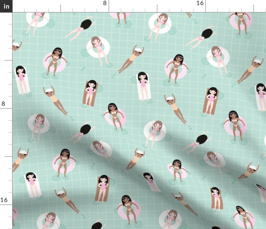 Summer swimming pool paradise swimming girls and slashing pool water mint pink pastels